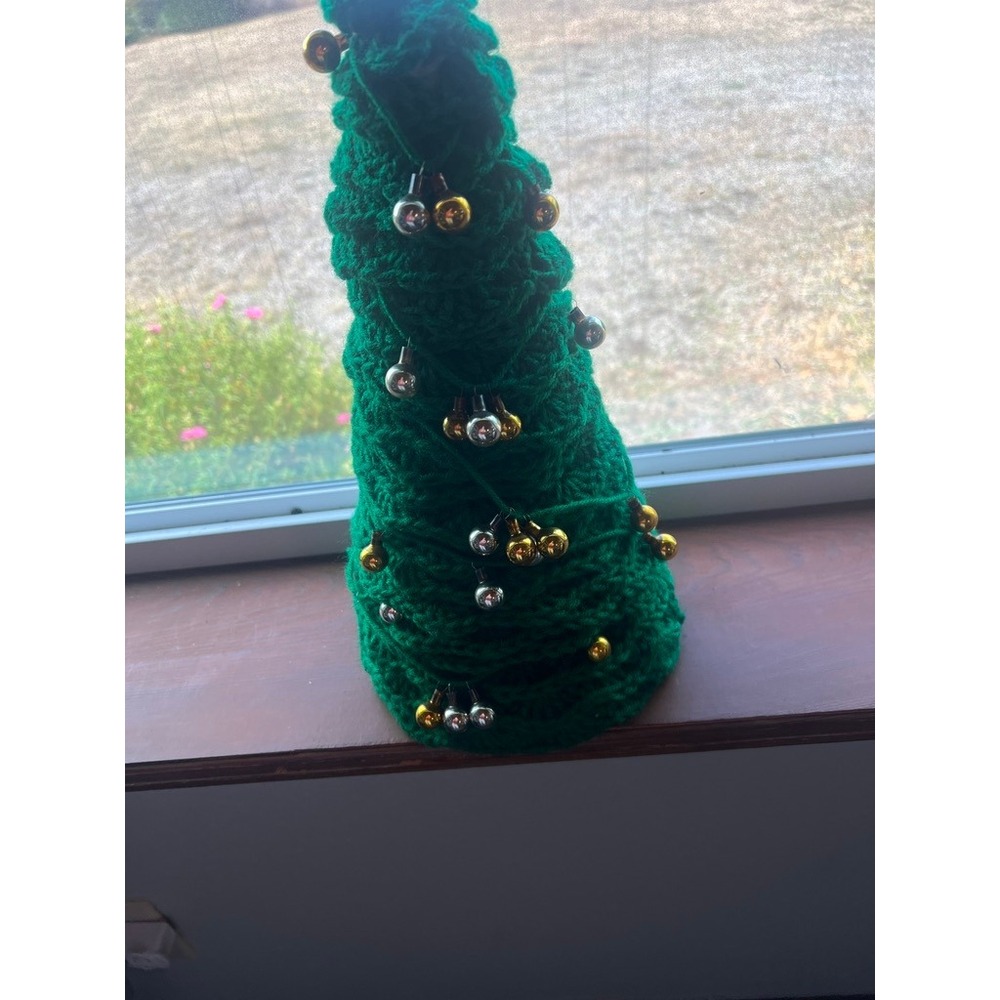 Handmade Vintage Crocheted Christmas Tree 14" Green Gold Silver Retro Kitschmas